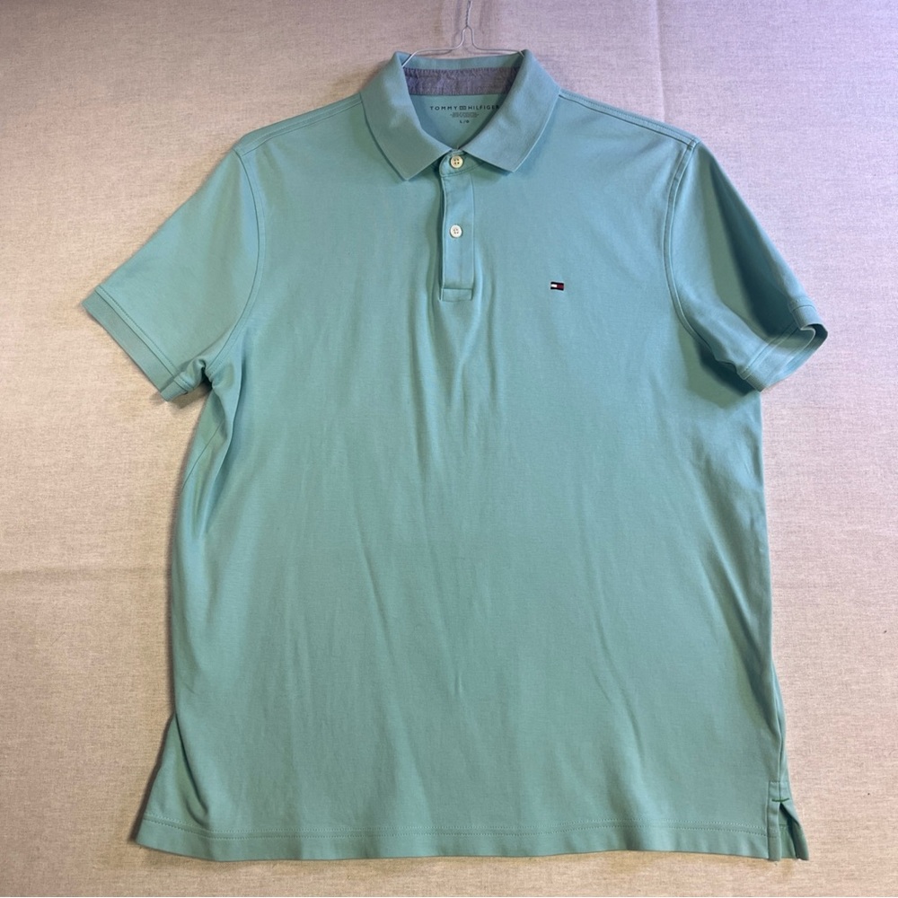 Tommy Hilfiger Polo Shirt Mens Large Blue Custom Fit Logo Preppy Short Sleeve